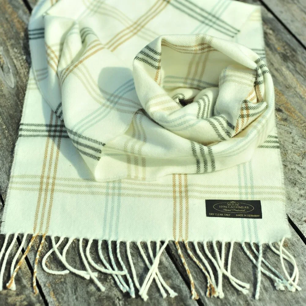 100% CASHMERE European Fringed Plaid Cream Scarf